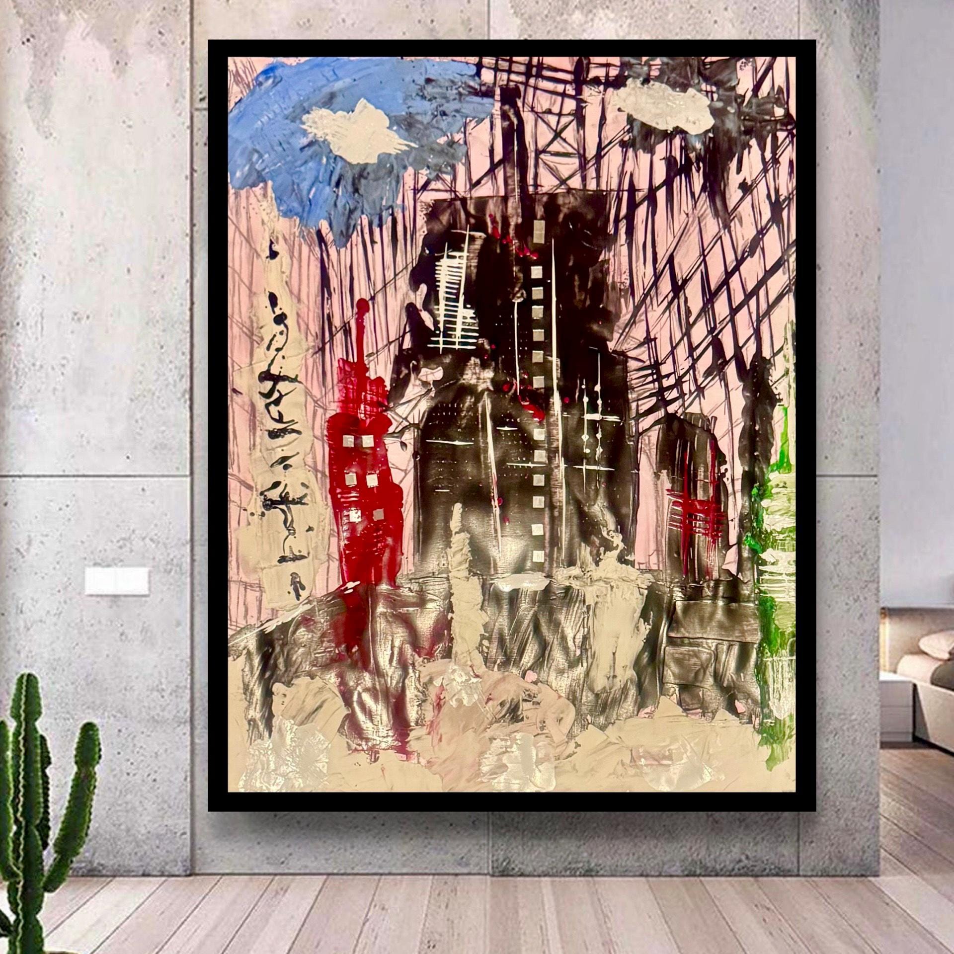 Abstract City Skyline Wall Art, Textured Acrylic Painting, Modern Urban Art, Handmade Contemporary Artwork, Framed Original Art (22x28 inch)