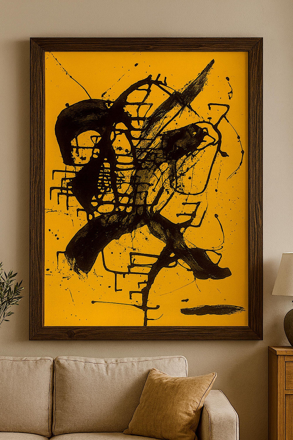 Handmade Expressionist Painting, Black & Yellow Abstract Art (22x28 inch)