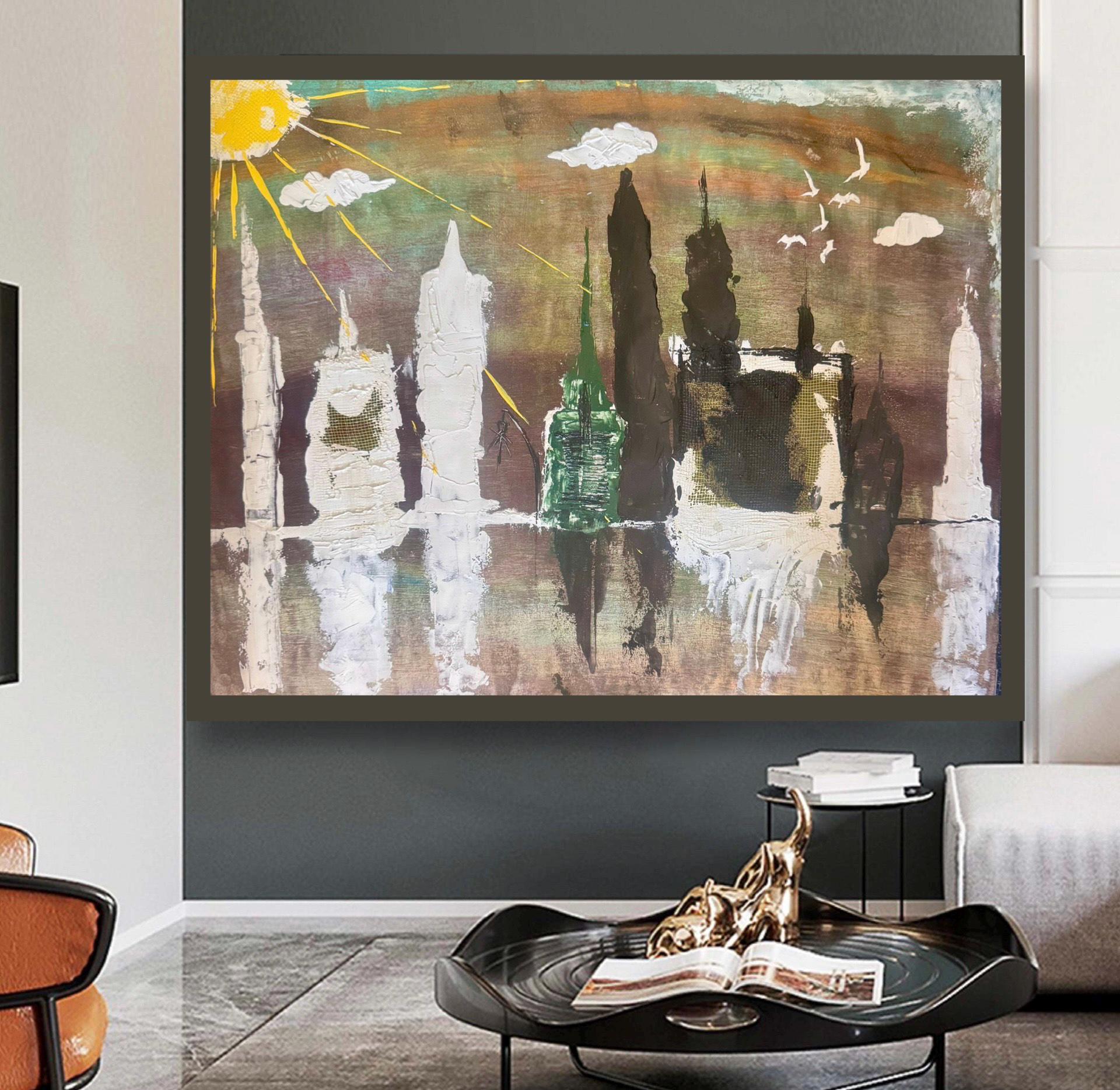 Handmade Abstract Manhattan Skyline Painting, Expressionist Acrylic Art (28x22 inch)