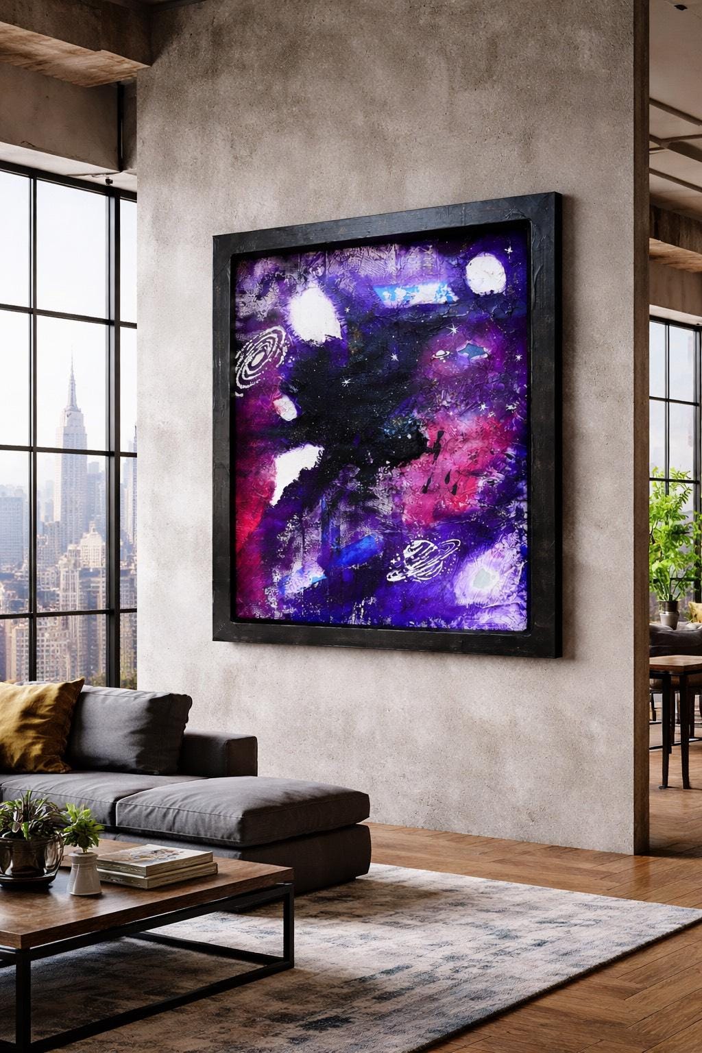 Abstract Cosmic Galaxy Painting, Purple Space Art, Textured Acrylic, Modern Wall Art, Framed Original Artwork (24x30 inch)