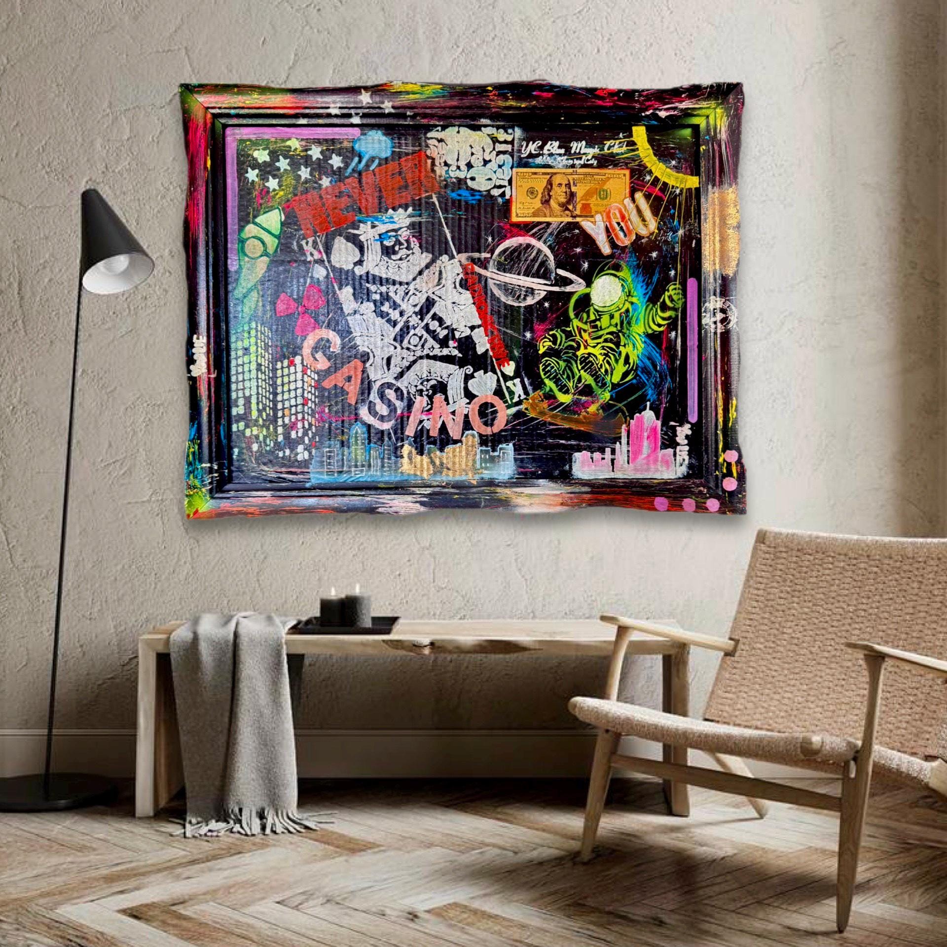 NYC Pop Art Painting: Cosmic Casino, Framed Original Artwork (27x21 inch)