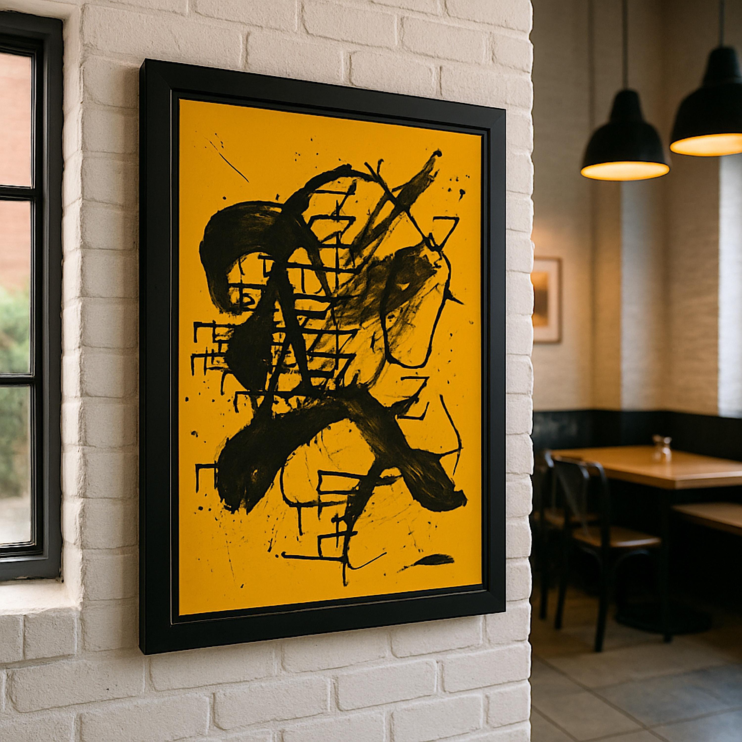 Handmade Expressionist Painting, Black & Yellow Abstract Art (22x28 inch)