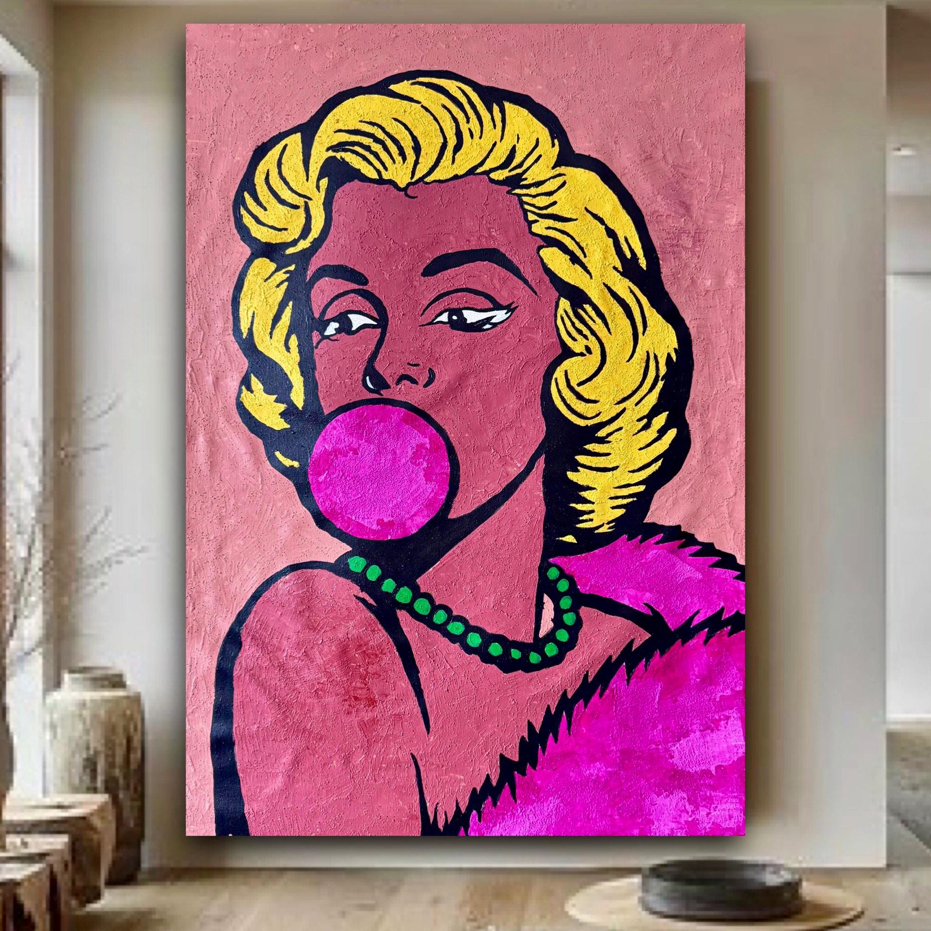 Original Acrylic Pop Art Portrait on Canvas, Expressionist Woman with Bubblegum (24x36 inch)