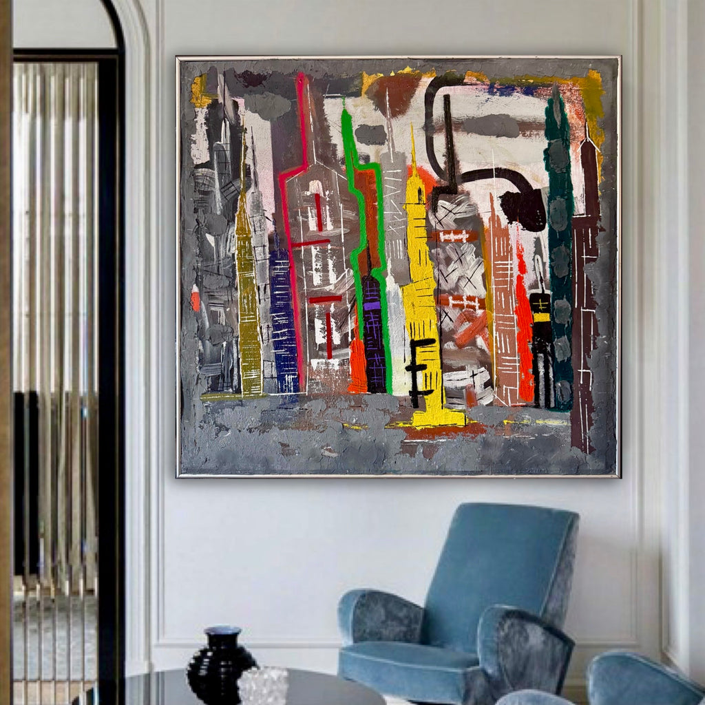 New York Cityscape Acrylic Painting – Framed Abstract Art (36x32 inch)