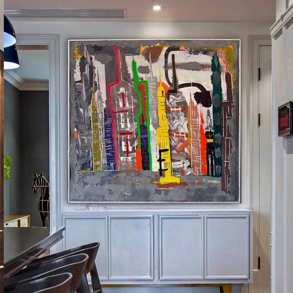 New York Cityscape Acrylic Painting – Framed Abstract Art (36x32 inch)