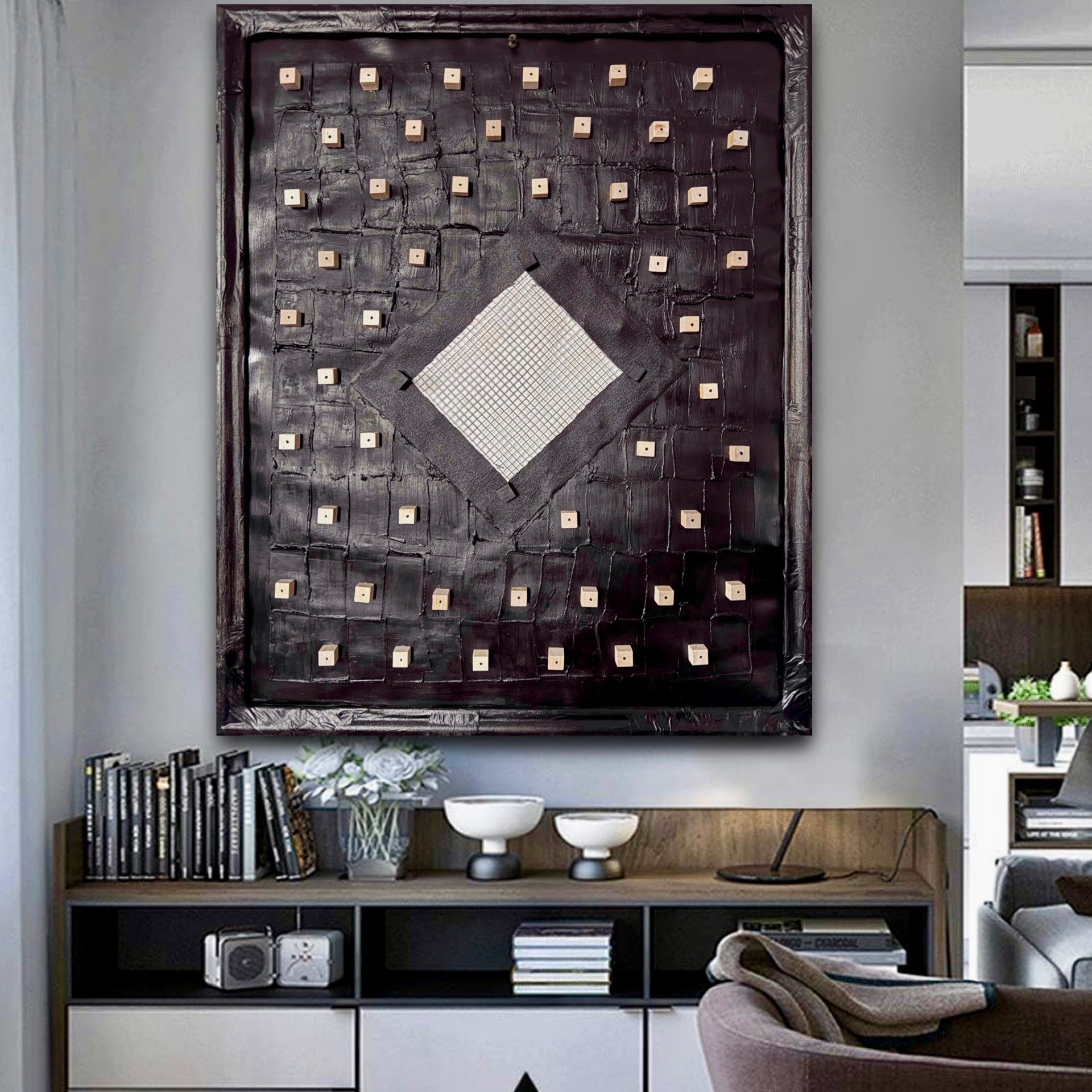 Framed Mixed Media Grid Art on Cardboard with Wood Wire Texture3D