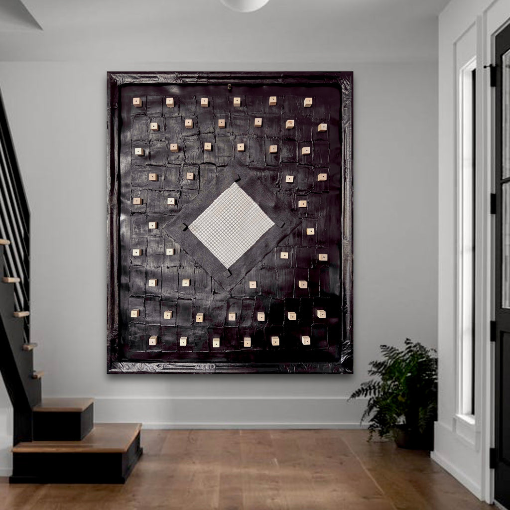 Framed Mixed Media Grid Art on Cardboard with Wood Wire Texture3D