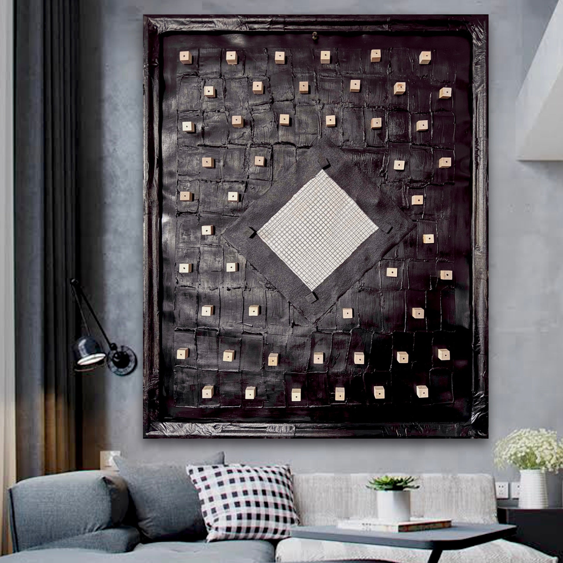 Framed Mixed Media Grid Art on Cardboard with Wood Wire Texture3D