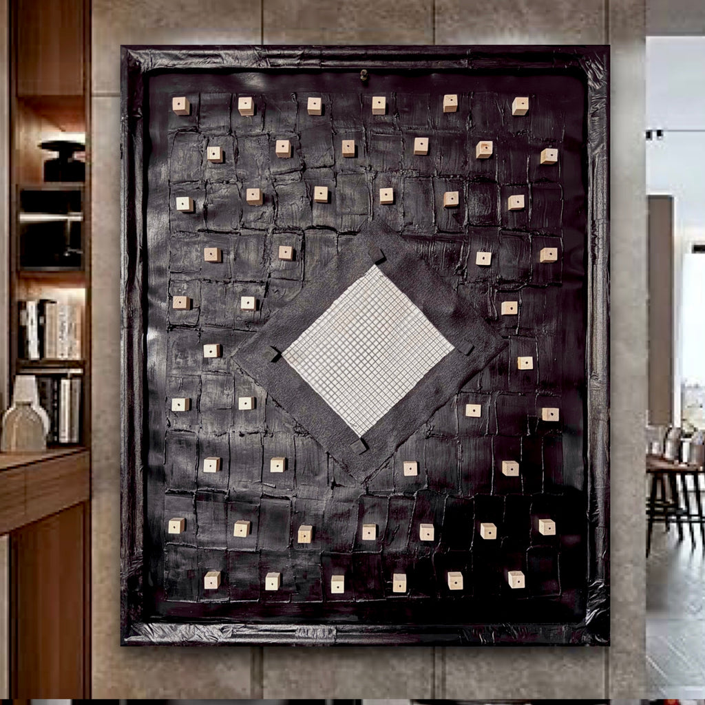 Framed Mixed Media Grid Art on Cardboard with Wood Wire Texture3D