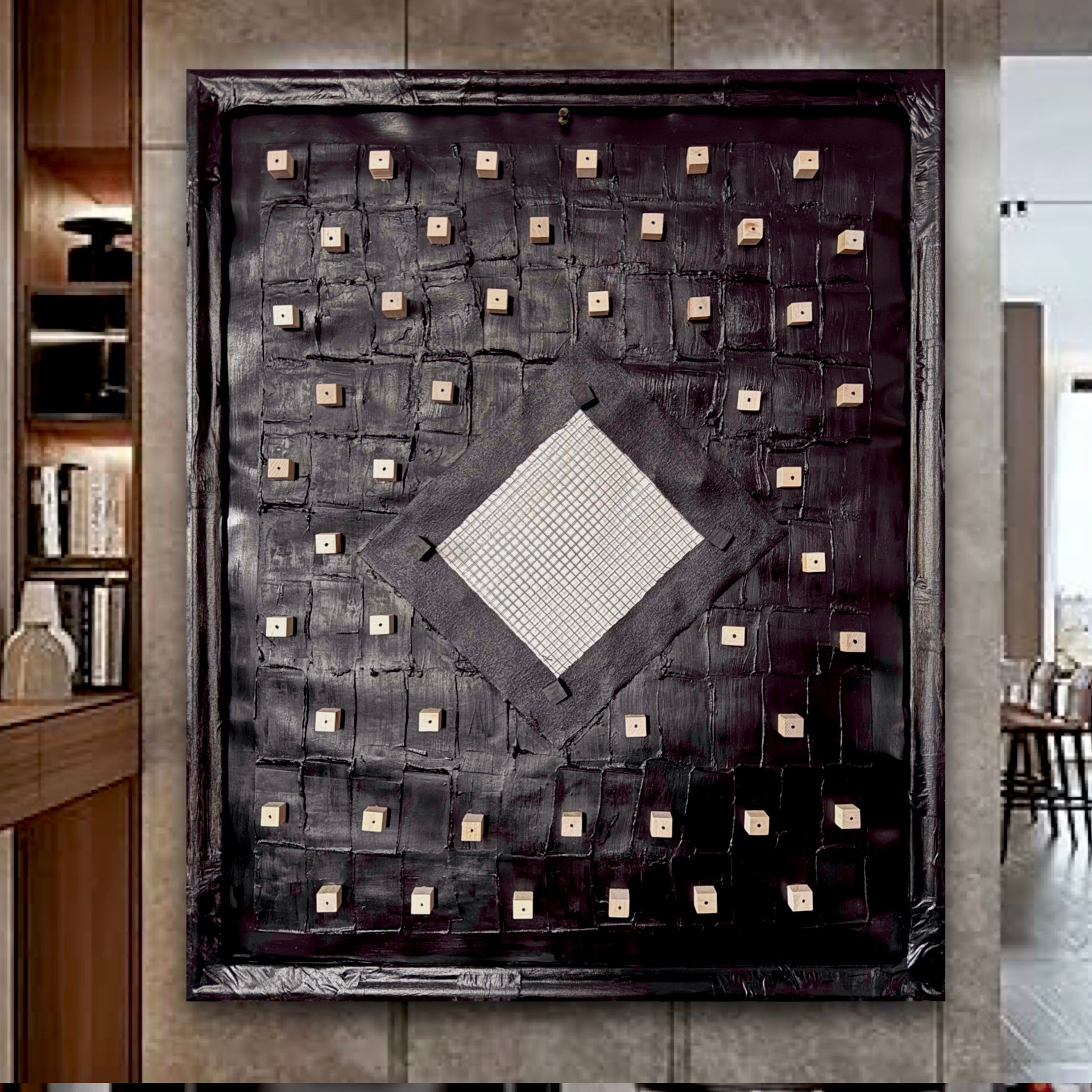 Framed Mixed Media Grid Art on Cardboard with Wood Wire Texture3D