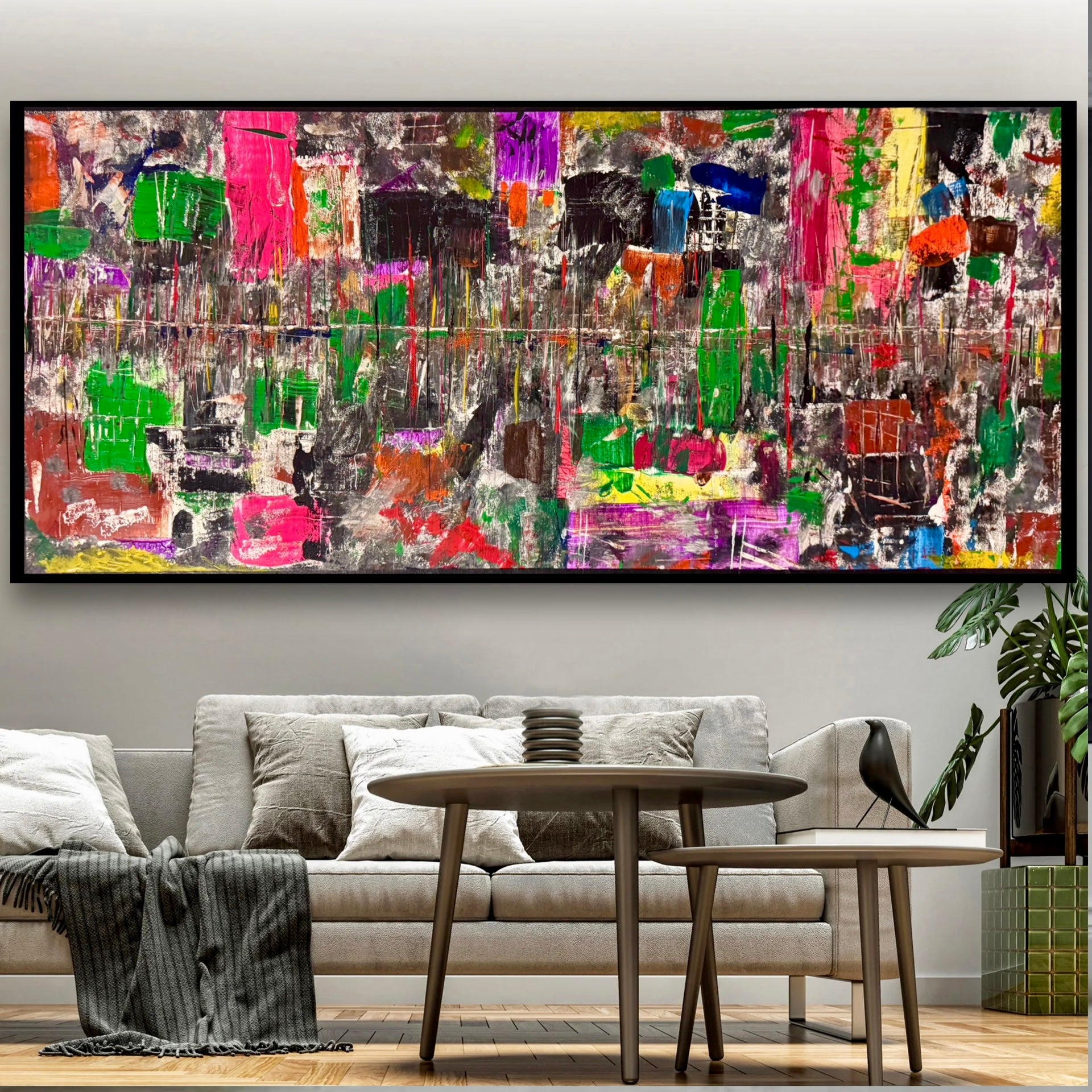 Large Abstract Wall Art on Wood Panel, Framed Acrylic Painting, Modern Contemporary Statement Piece, 50x20 inch Original Artwork