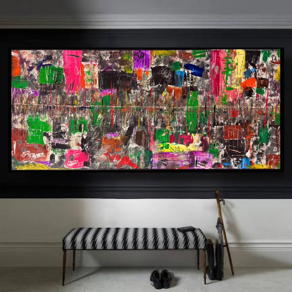 Large Abstract Wall Art on Wood Panel, Framed Acrylic Painting, Modern Contemporary Statement Piece, 50x20 inch Original Artwork