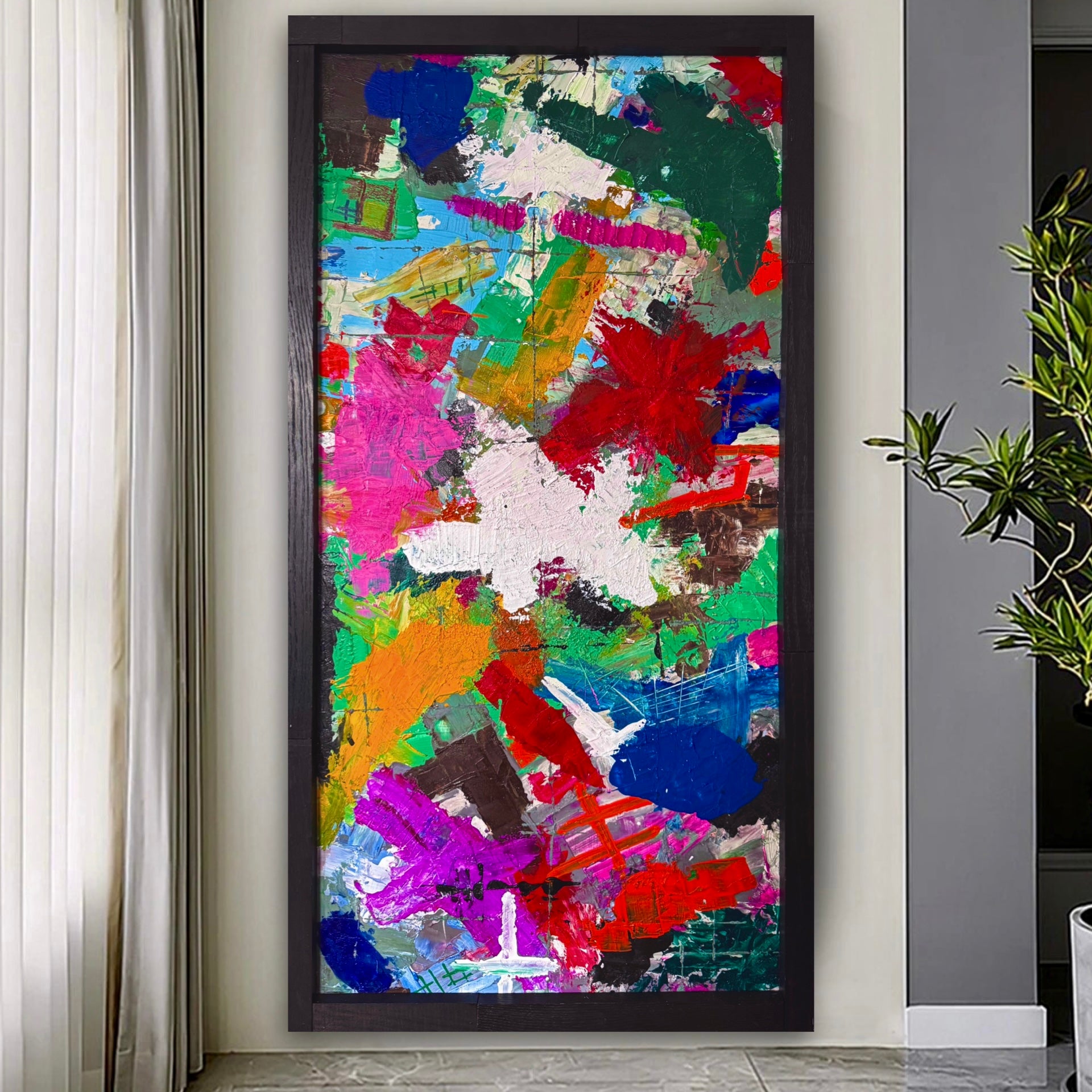 Large Framed Abstract Painting 48x24 Textured Acrylic on MDF, Modern Colorful Statement Wall Art, Horizontal or Vertical