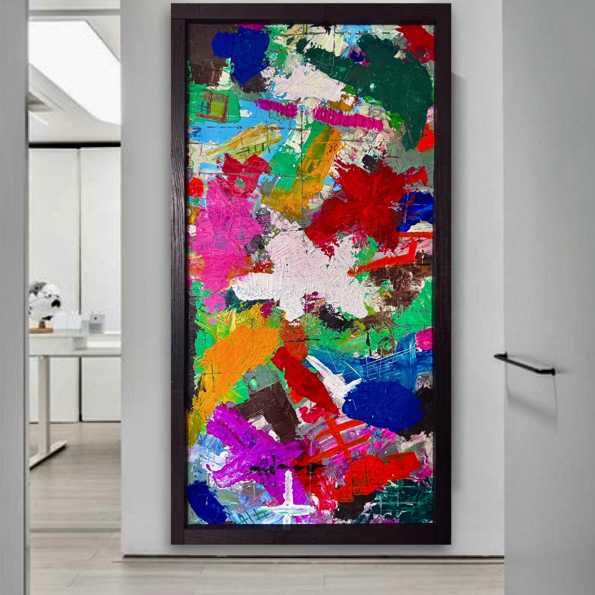 Large Framed Abstract Painting 48x24 Textured Acrylic on MDF, Modern Colorful Statement Wall Art, Horizontal or Vertical