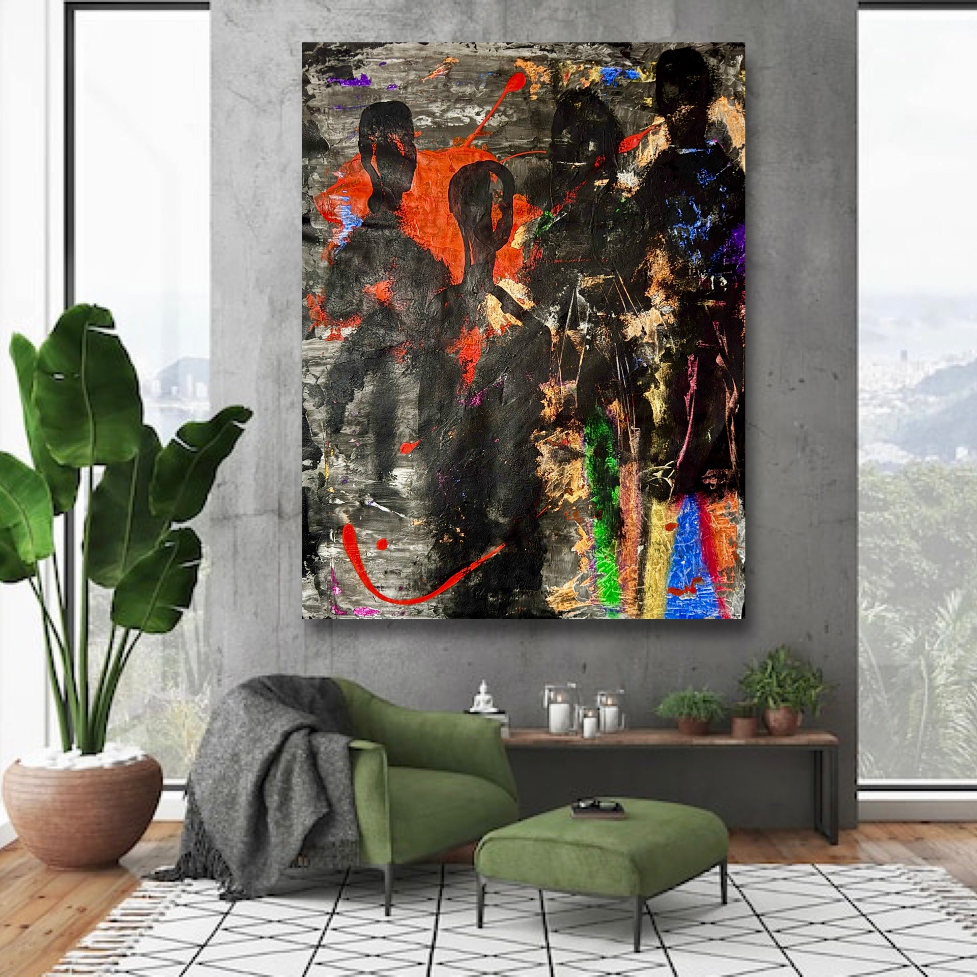 Neo Expressionist Canvas Art, Dark Silhouette Statement Painting, Textured Acrylic Wall Art