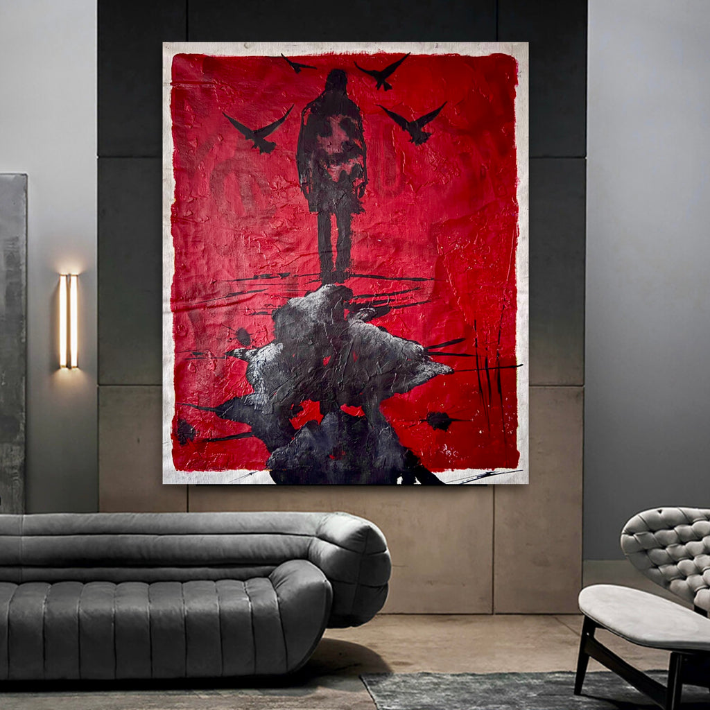 Neo Expressionist Red Canvas Art, Dark Figurative Painting, Textured Acrylic Wall Decor, Modern Emotional Statement Piece