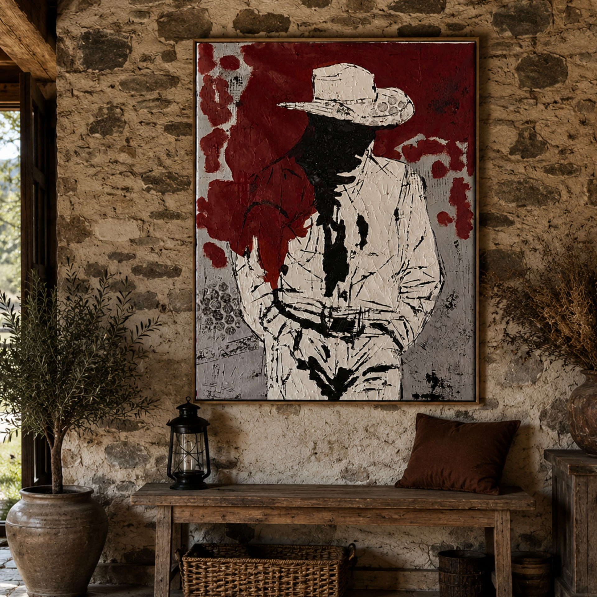 Abstract Expressionist American Cowboy Painting | Hand-Painted Acrylic on Canvas | 26x36 Inches | One-of-a-Kind Artwork