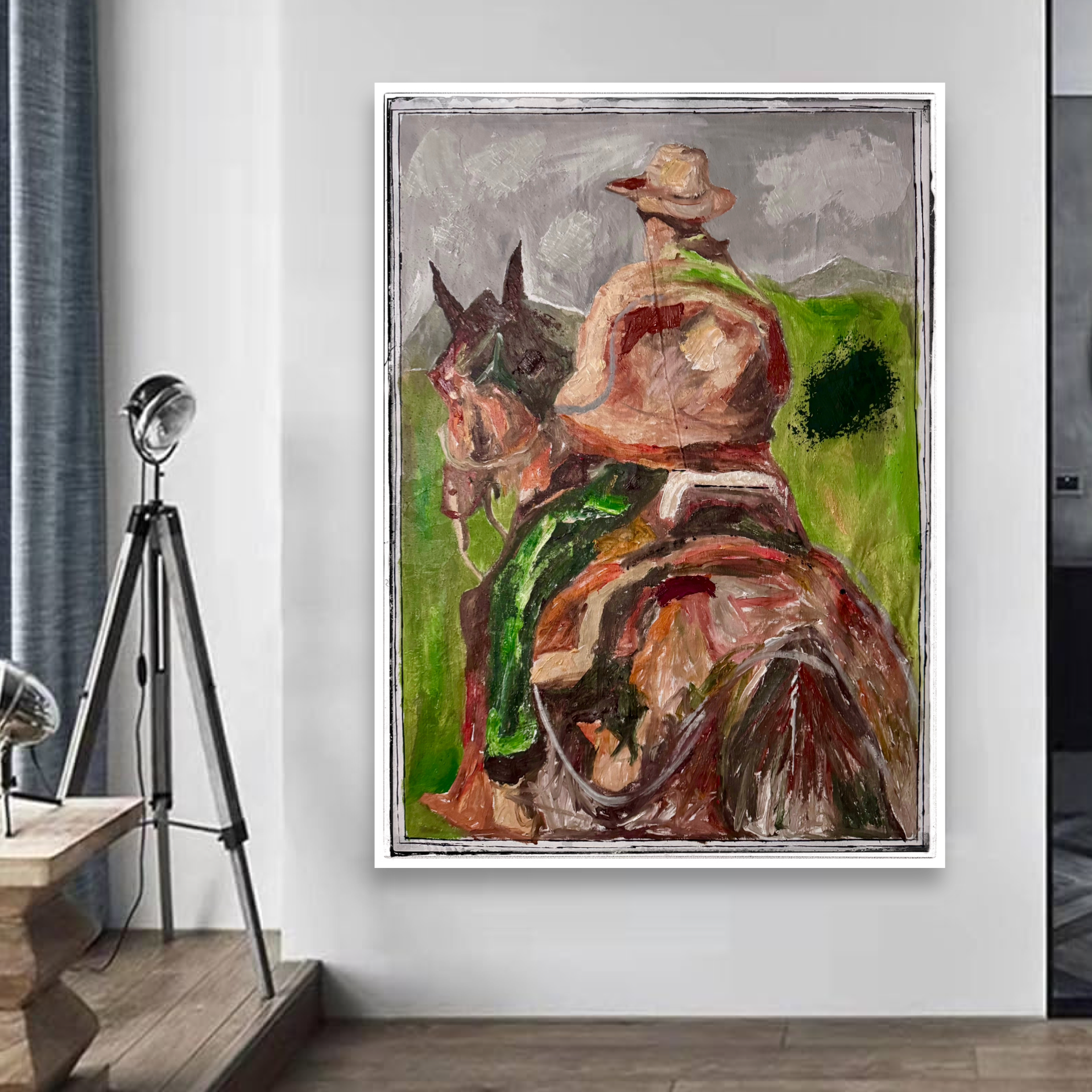 Abstract Expressionist Cowboy Painting | 26x36” Hand-Painted Acrylic on Canvas | Palette Knife & Brush | One of a Kind