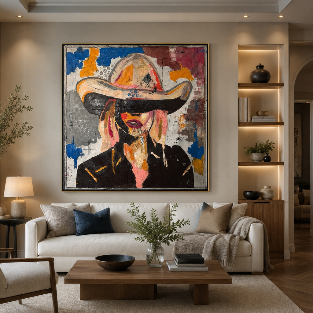 Abstract Expressionist Cowgirl Painting | 34x34 Inch Acrylic on Canvas | Hand-Painted with Brush & Palette Knife