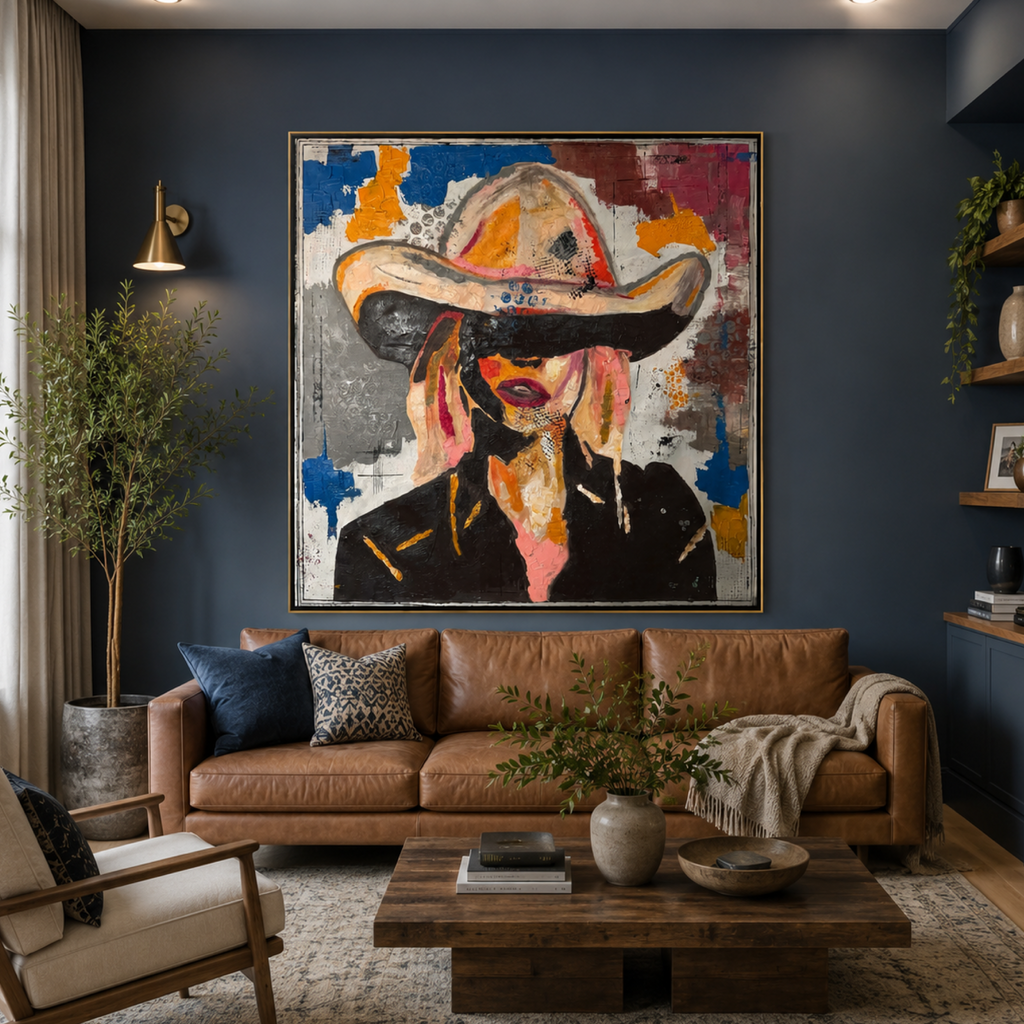 Abstract Expressionist Cowgirl Painting | 34x34 Inch Acrylic on Canvas | Hand-Painted with Brush & Palette Knife