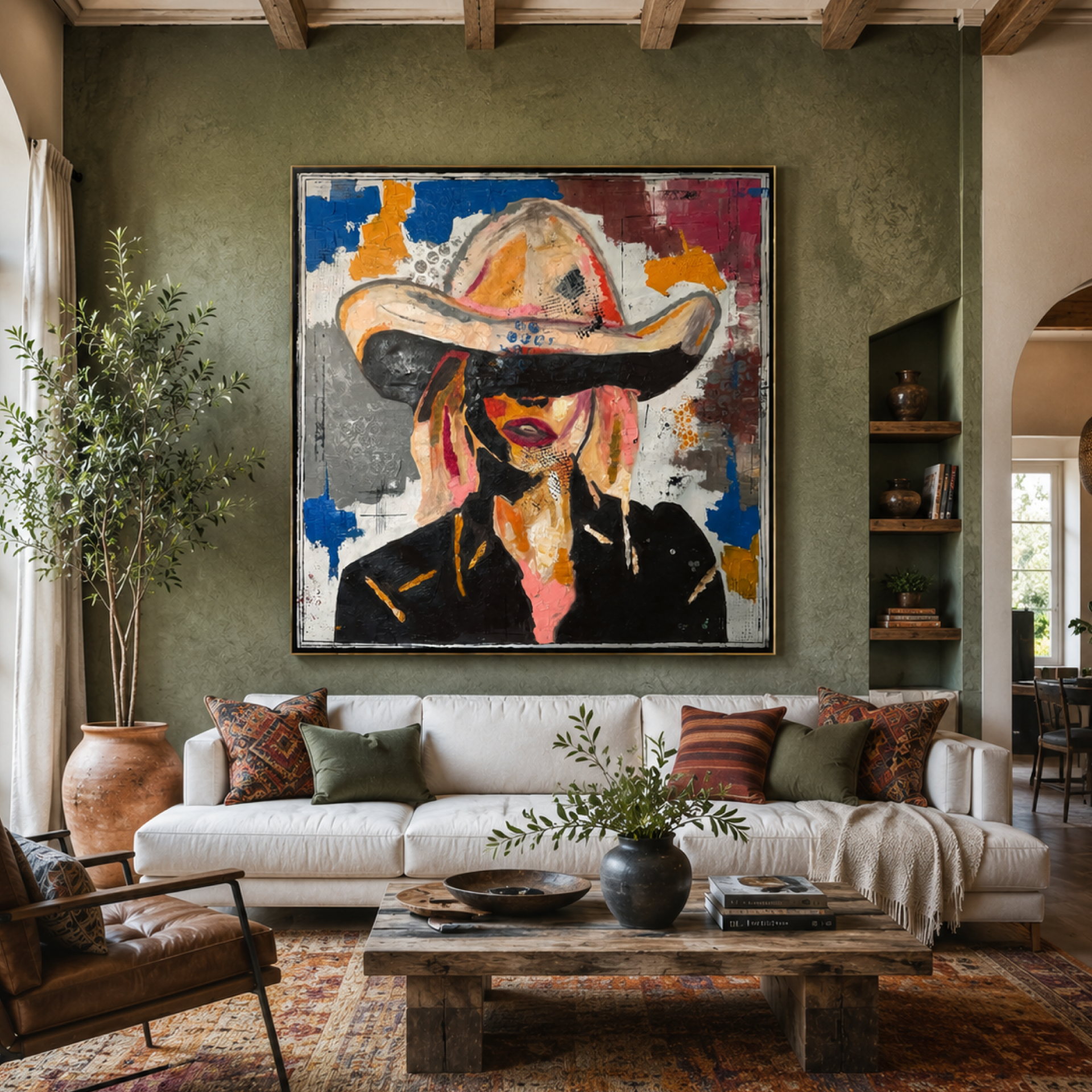 Abstract Expressionist Cowgirl Painting | 34x34 Inch Acrylic on Canvas | Hand-Painted with Brush & Palette Knife