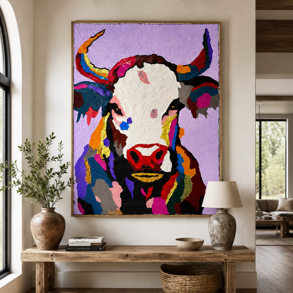 Abstract Expressionist Bull Painting | 26x36” Textured Acrylic on Canvas | Hand-Painted Contemporary Animal Art  Description: