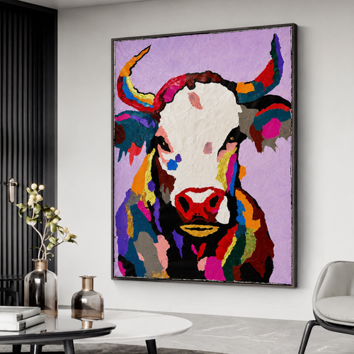 Abstract Expressionist Bull Painting | 26x36” Textured Acrylic on Canvas | Hand-Painted Contemporary Animal Art  Description: