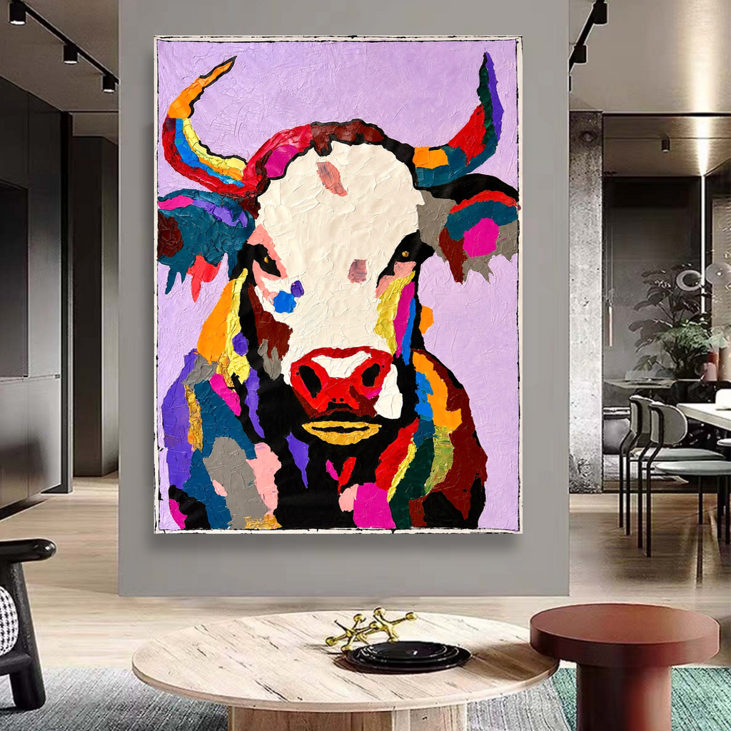 Abstract Expressionist Bull Painting | 26x36” Textured Acrylic on Canvas | Hand-Painted Contemporary Animal Art  Description: