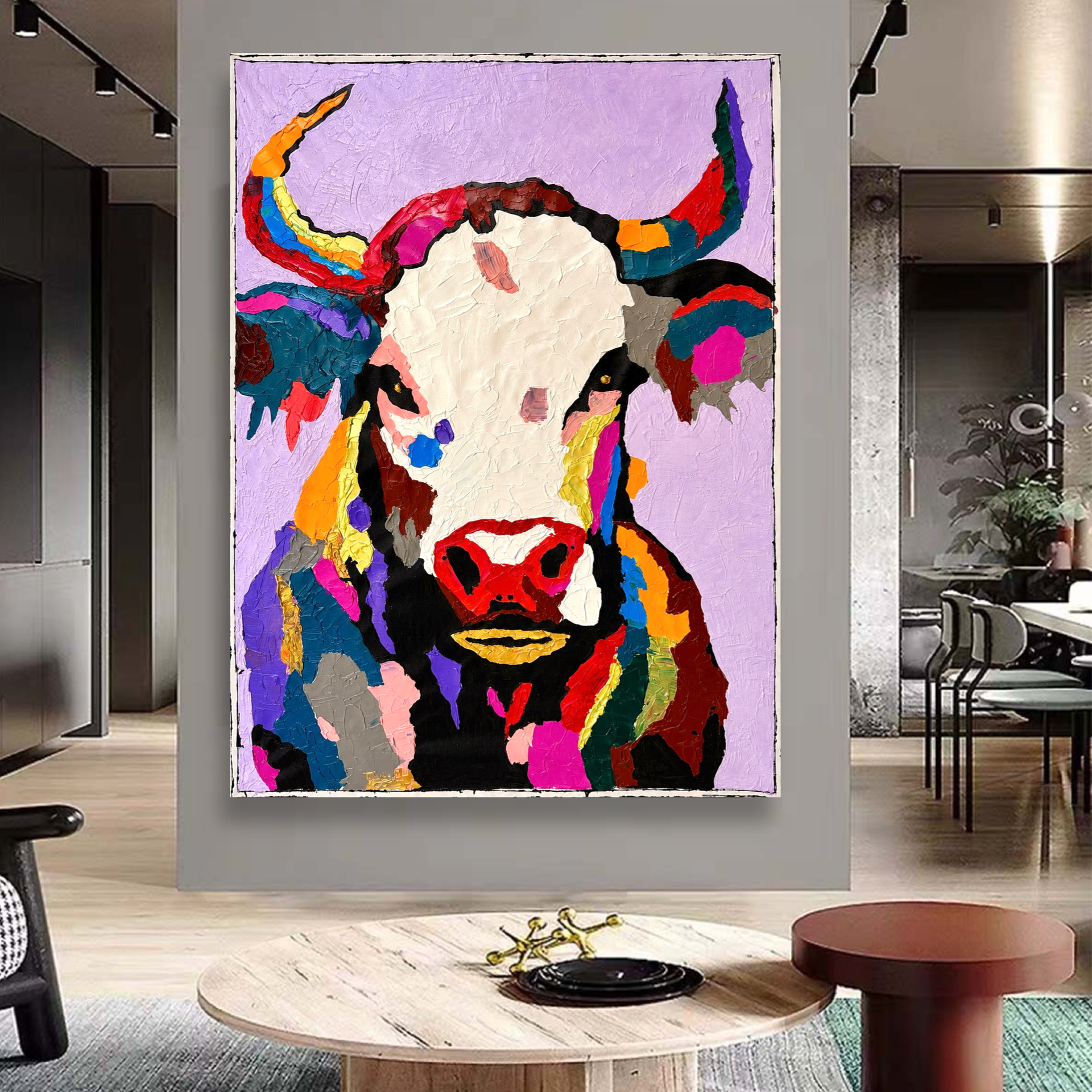 Abstract Expressionist Bull Painting | 26x36” Textured Acrylic on Canvas | Hand-Painted Contemporary Animal Art  Description: