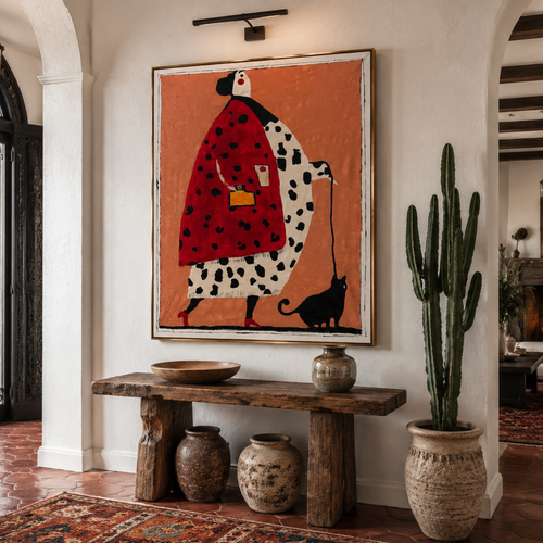 Abstract Expressionist Woman with Black Cat | Textured Acrylic Painting on Canvas | Hand-Painted 26x36 Inch Artwork