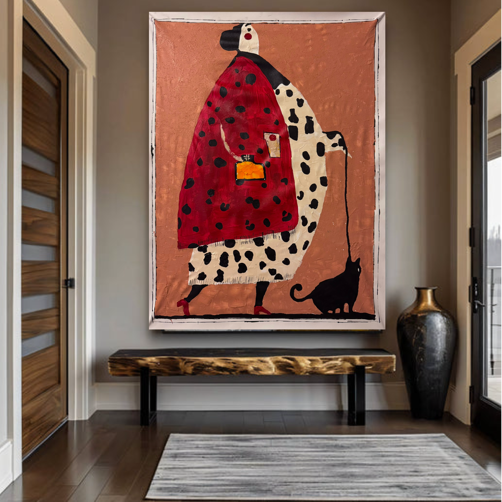 Abstract Expressionist Woman with Black Cat | Textured Acrylic Painting on Canvas | Hand-Painted 26x36 Inch Artwork