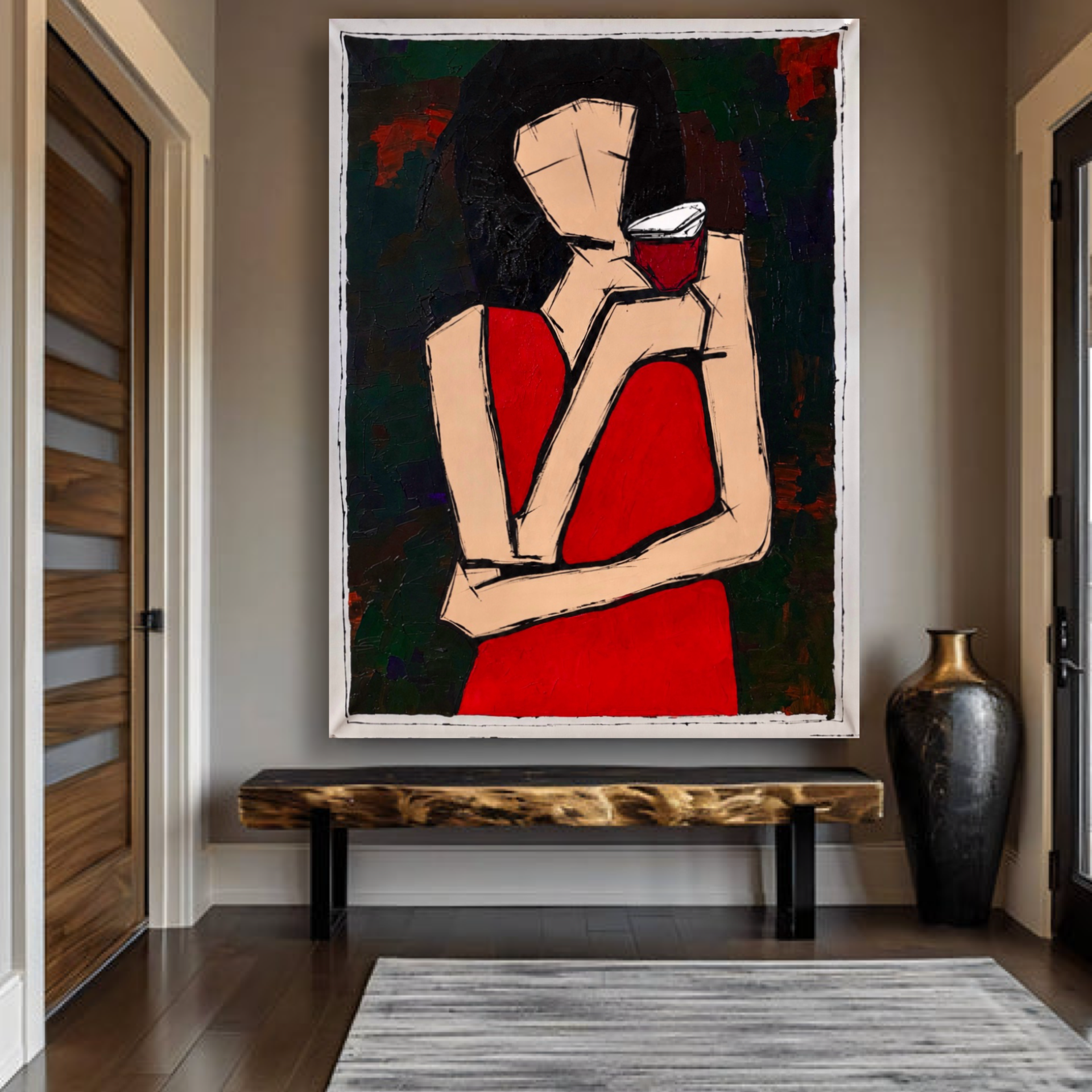 Silent Reflections in Crimson – Original 26x36” Textured Abstract Expressionist Acrylic Painting with Palette Knife & Brush