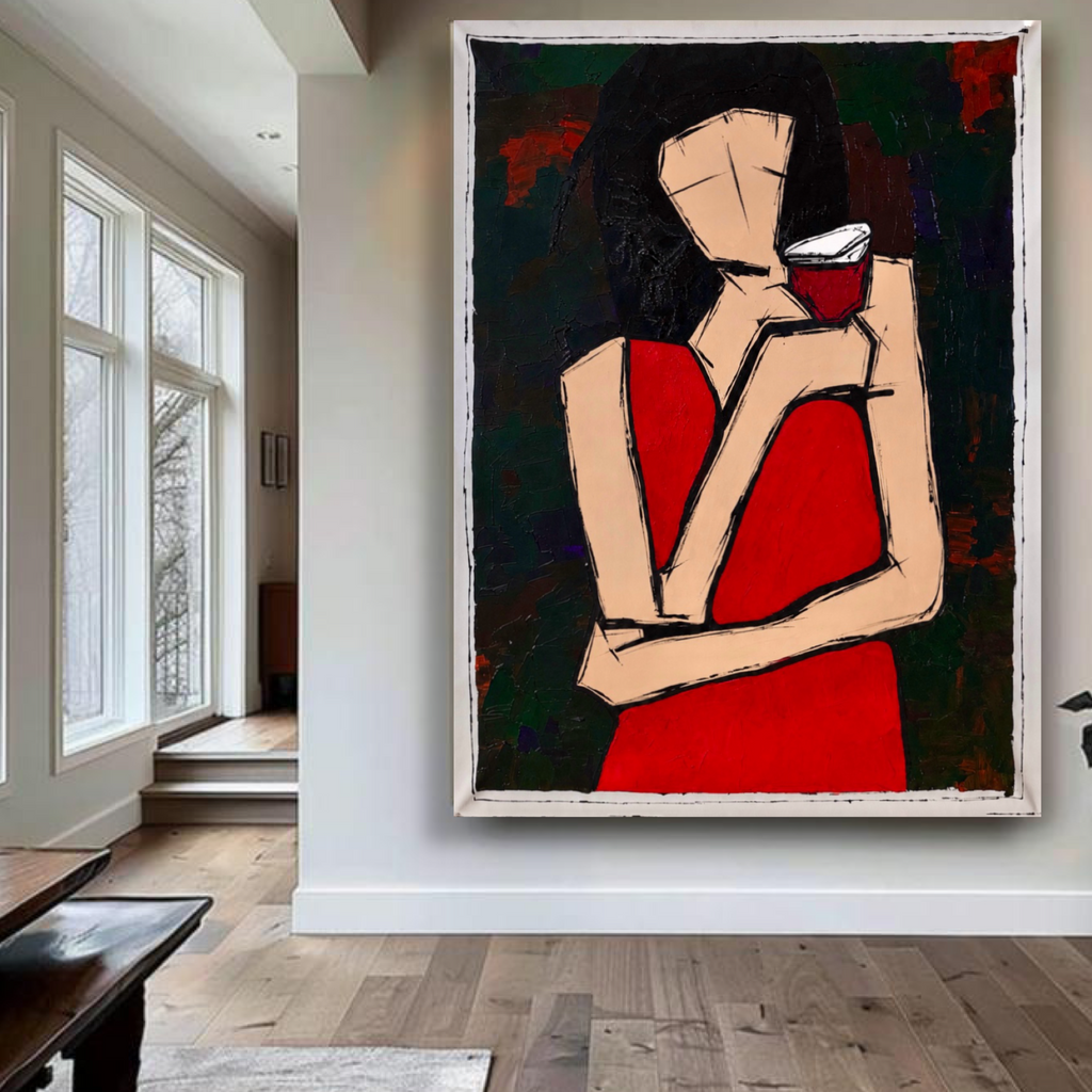 Silent Reflections in Crimson – Original 26x36” Textured Abstract Expressionist Acrylic Painting with Palette Knife & Brush