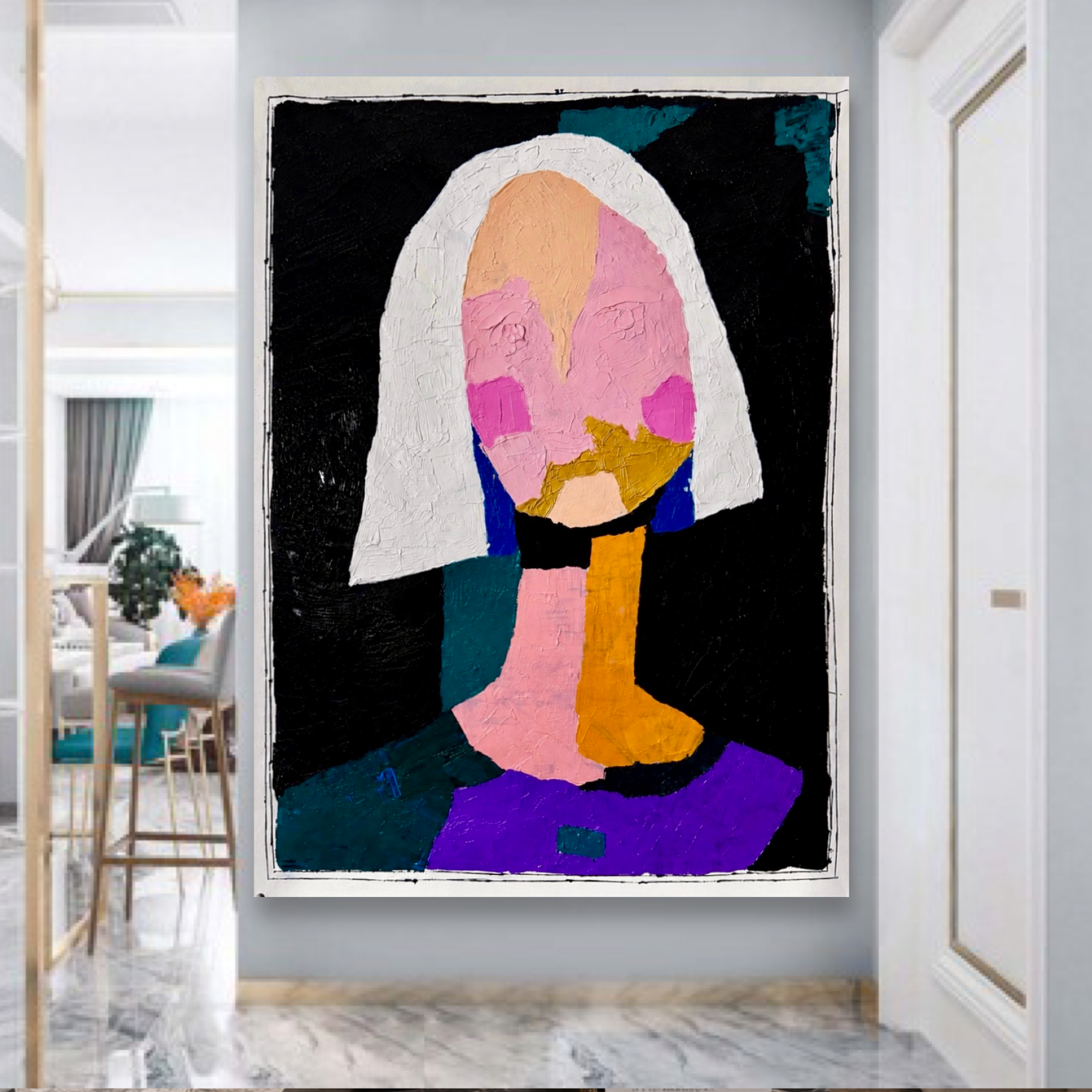 Abstract Woman Portrait 26x36, Hand Painted Acrylic on Canvas, Textured Palette Knife Art, Expressionist Modern Wall Decor
