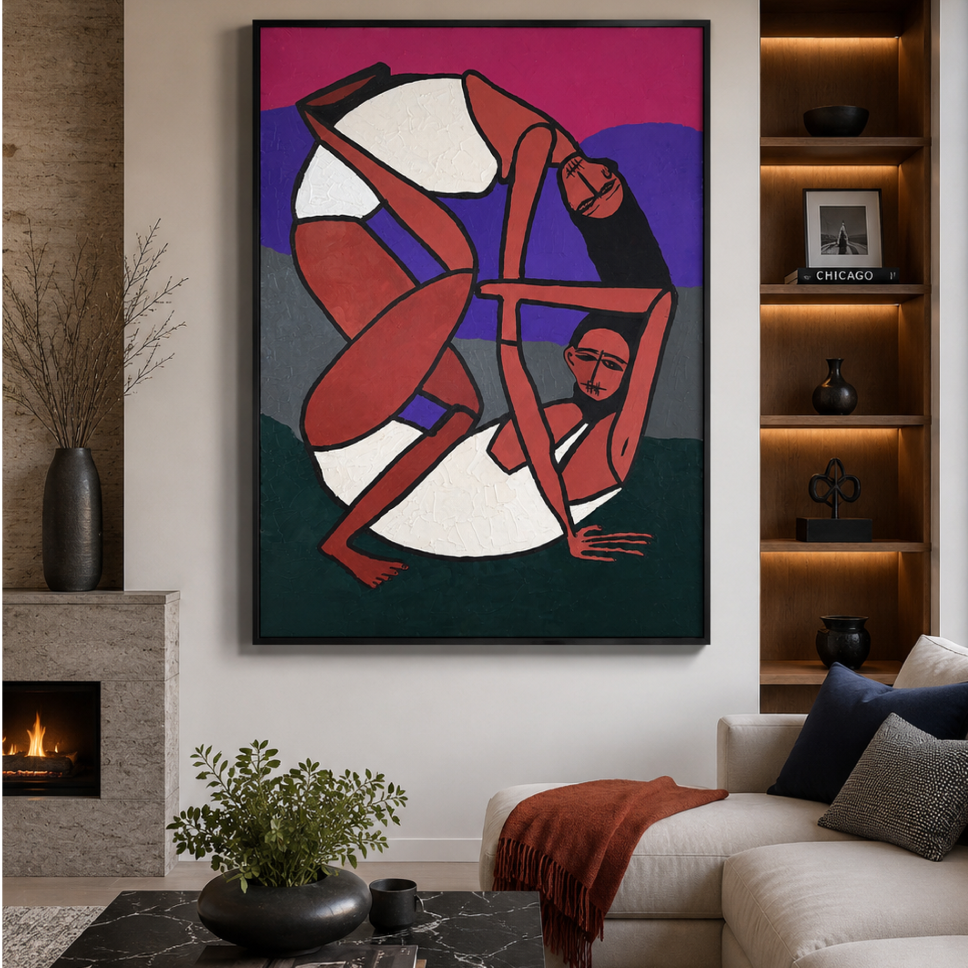 Original Abstract Expressionist Yoga Figures Painting | 26x36 Acrylic on Canvas | Handmade Palette Knife & Brush Artwork