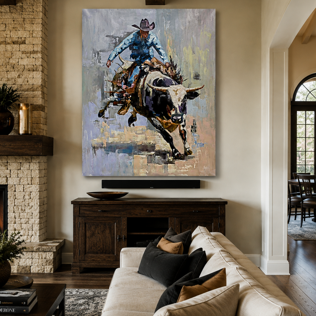 Original Bull Rider Cowboy Painting | 26x36 Acrylic on Canvas | Palette Knife & Brush | Western Rodeo Wall Art | Handmade