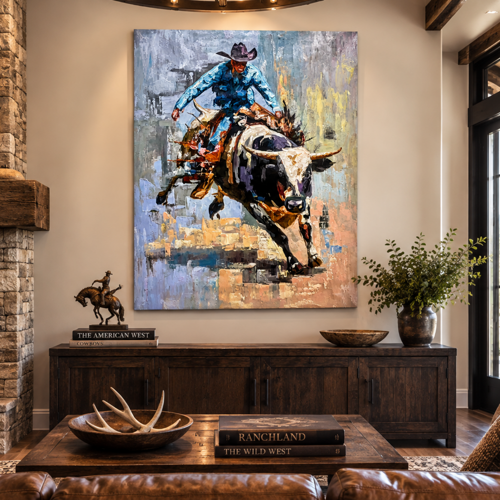 Original Bull Rider Cowboy Painting | 26x36 Acrylic on Canvas | Palette Knife & Brush | Western Rodeo Wall Art | Handmade