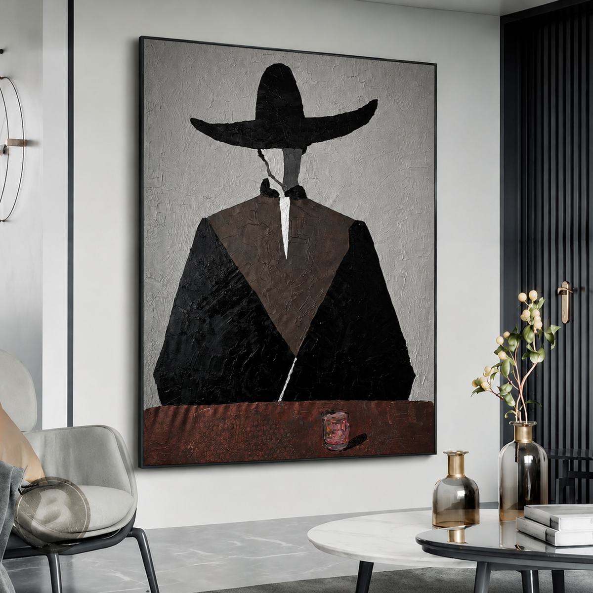 Faceless Cowboy Abstract Portrait – 26x36 Inch Original Textured Acrylic Palette Knife Painting on Canvas, Western Expressionist Art