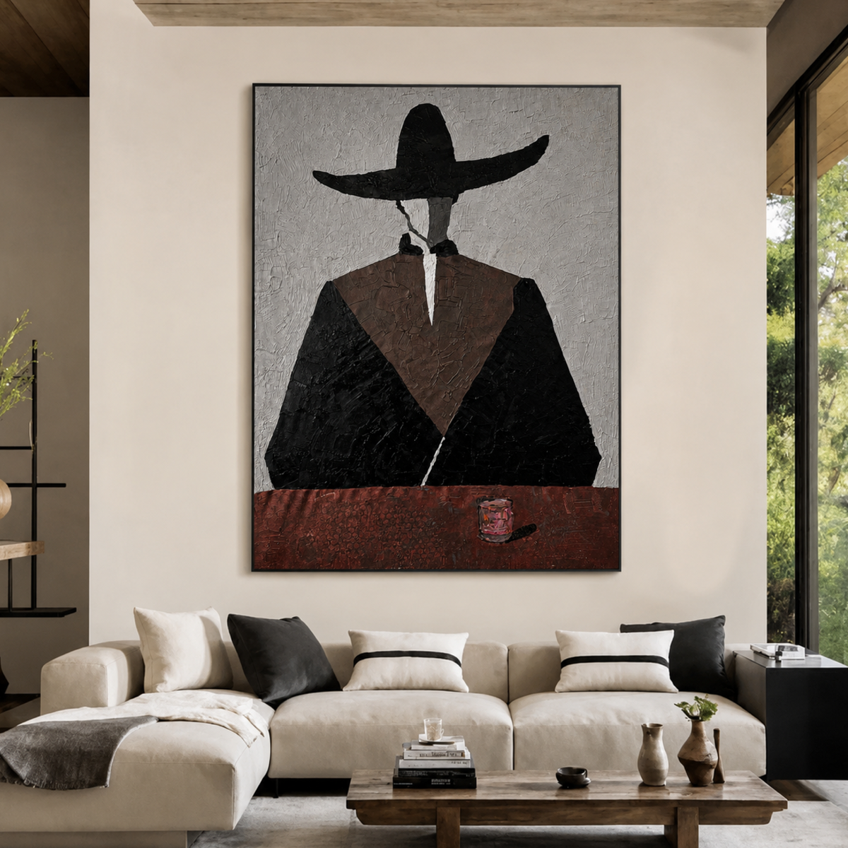 Faceless Cowboy Abstract Portrait – 26x36 Inch Original Textured Acrylic Palette Knife Painting on Canvas, Western Expressionist Art
