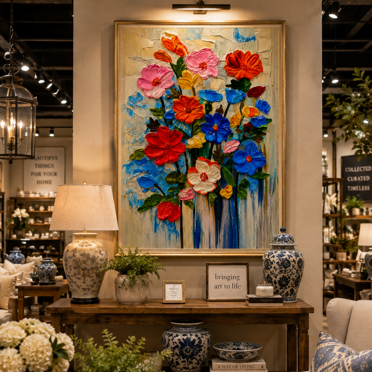 Original Abstract Floral Painting 26x36 in – Textured Acrylic on Canvas, Palette Knife, Colorful Expressionist Flower Art