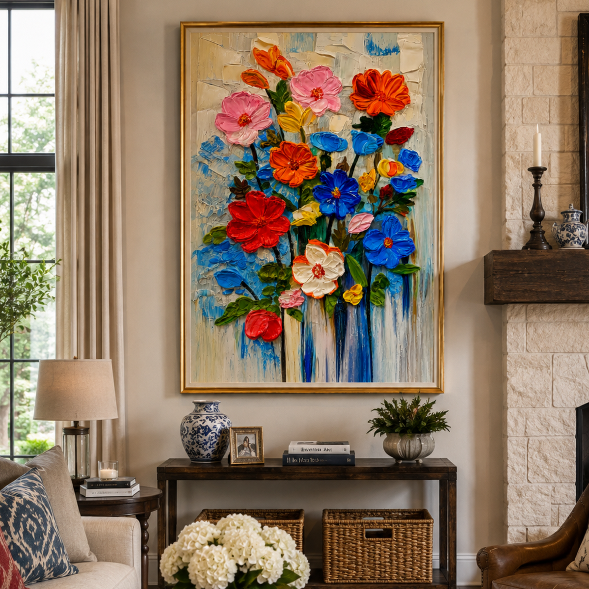 Original Abstract Floral Painting 26x36 in – Textured Acrylic on Canvas, Palette Knife, Colorful Expressionist Flower Art