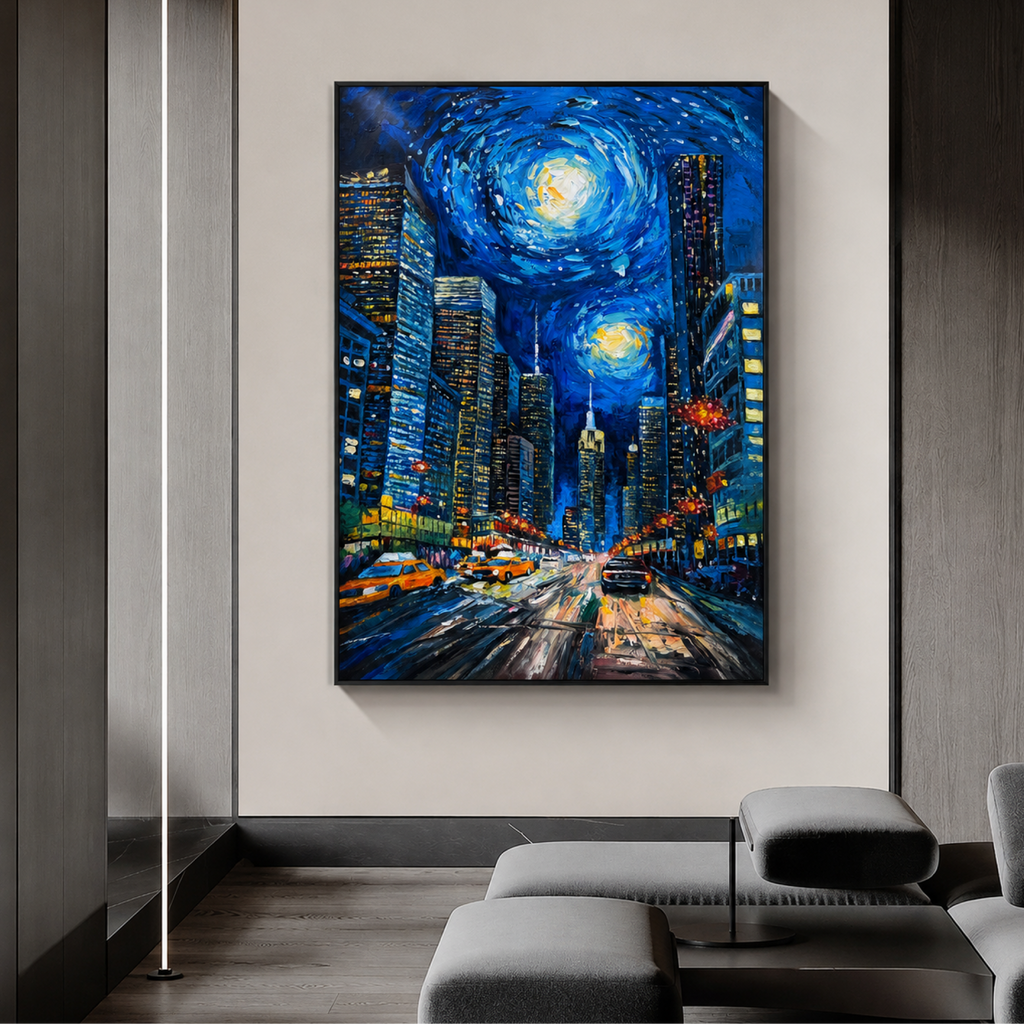 Original Manhattan Night Skyline Painting, Textured NYC Acrylic Canvas Art