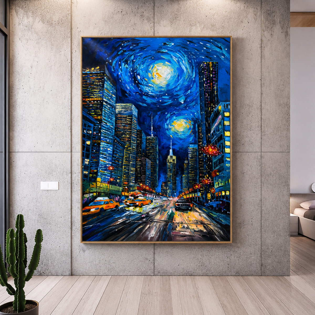 Original Manhattan Night Skyline Painting, Textured NYC Acrylic Canvas Art
