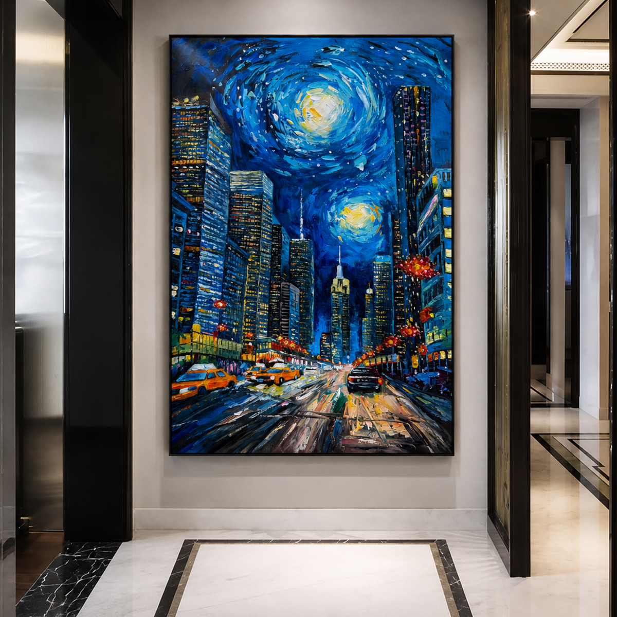 Original Manhattan Night Skyline Painting, Textured NYC Acrylic Canvas Art