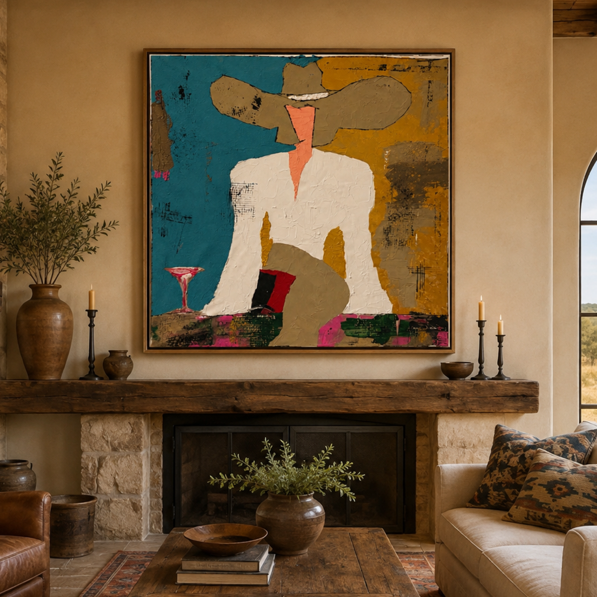 Expressionist Cowgirl Abstract Painting 34x34 – Original Textured Acrylic Palette Knife Western Art