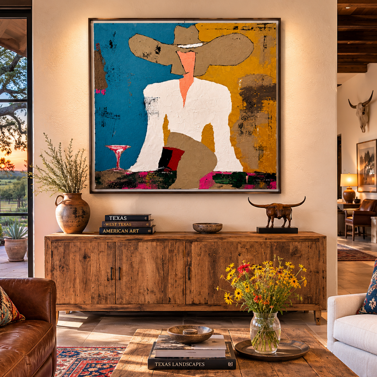 Expressionist Cowgirl Abstract Painting 34x34 – Original Textured Acrylic Palette Knife Western Art