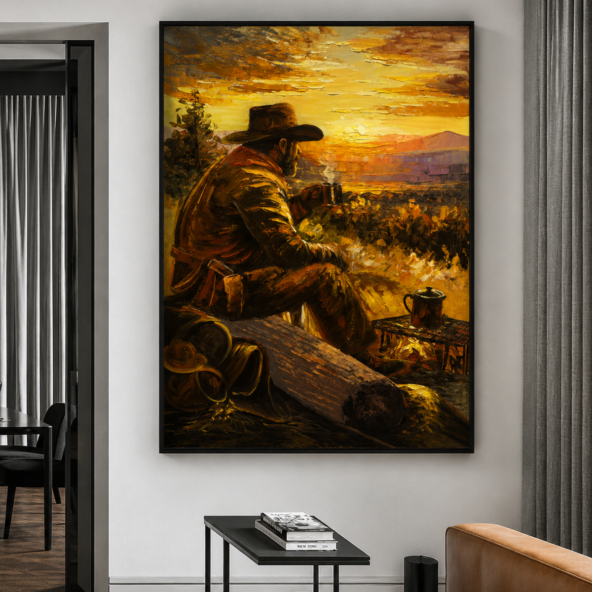 Abstract Expressionist Cowboy at Sunset Original Acrylic Painting on Canvas 26x36 Western Art Handmade Textured Wall Decor
