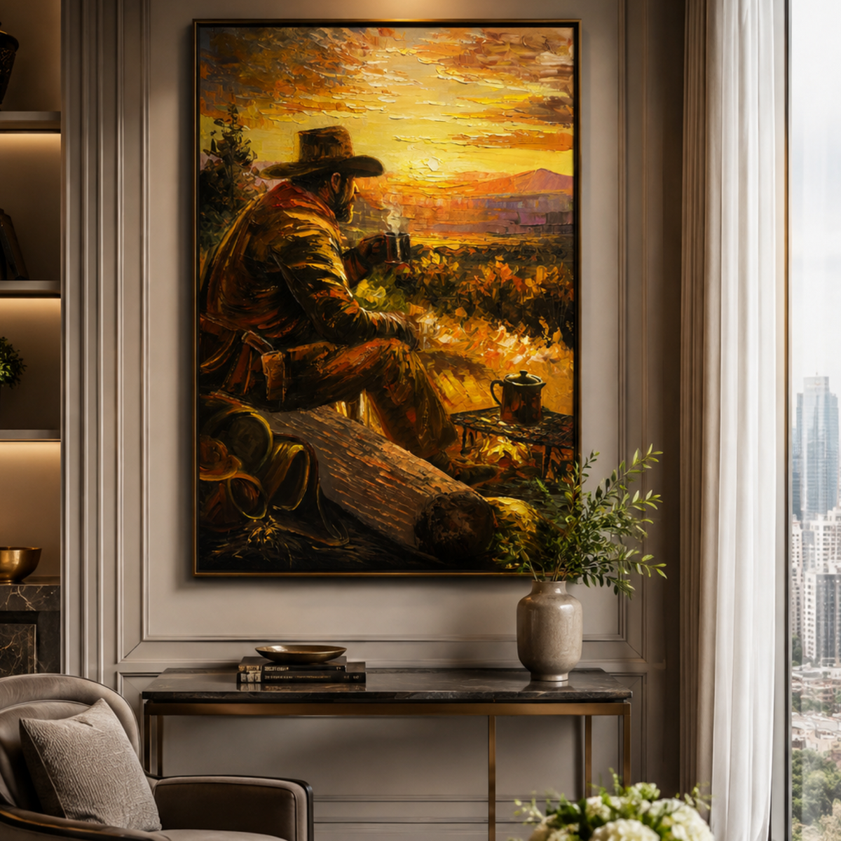 Abstract Expressionist Cowboy at Sunset Original Acrylic Painting on Canvas 26x36 Western Art Handmade Textured Wall Decor