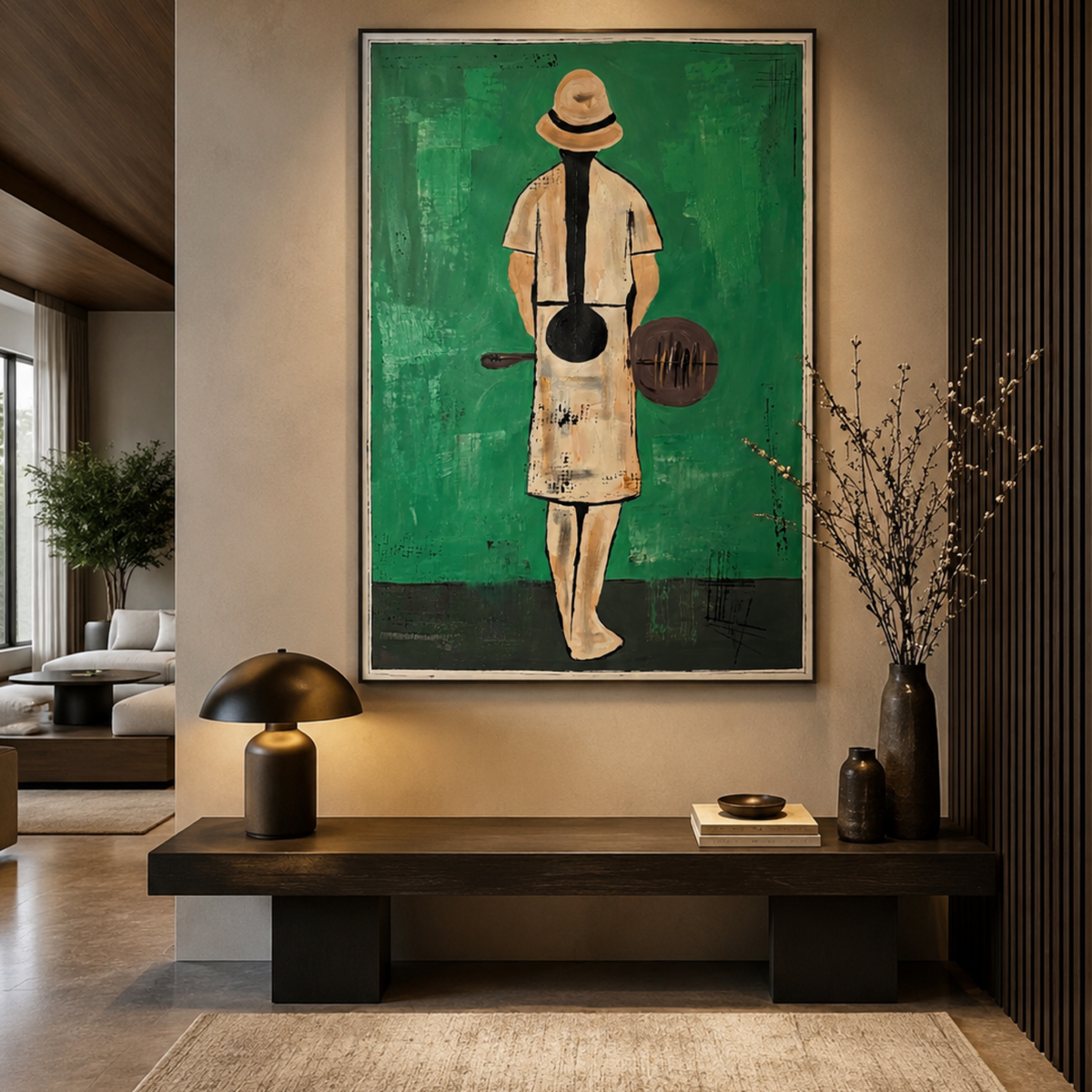Green Solitude – 26x36 Original Abstract Expressionist Figure Painting, Acrylic Palette Knife & Brush Art
