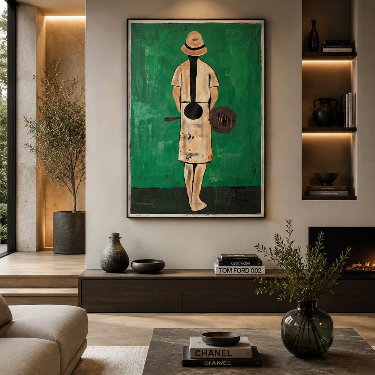 Green Solitude – 26x36 Original Abstract Expressionist Figure Painting, Acrylic Palette Knife & Brush Art